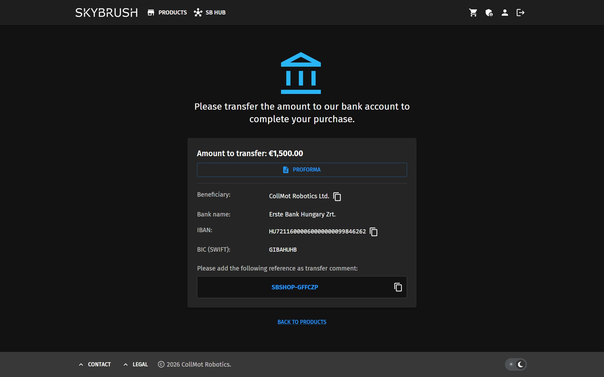 Bank transfer payment in Skybrush Store